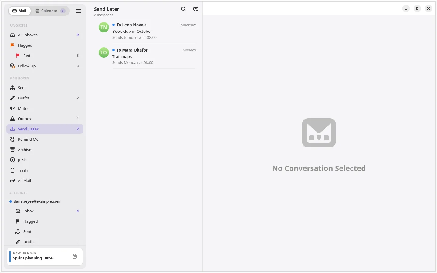 The Send Later mailbox, with one message going out tomorrow and one on Monday morning.